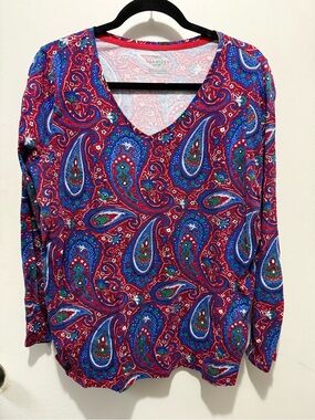 Talbots Red & Blue Paisley V-Neck Tee
